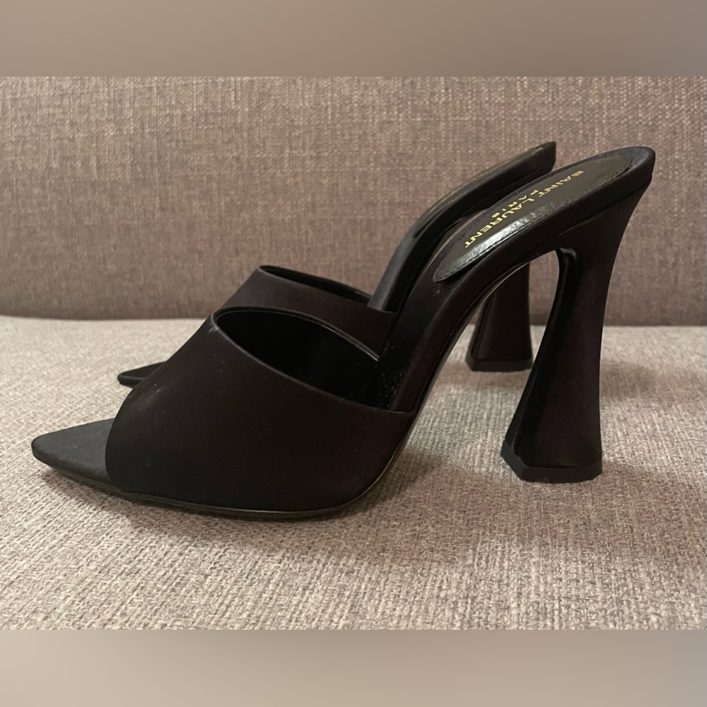 SAINT LAURENT black satin block-heel mules size 6.5